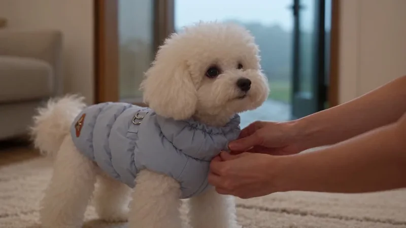 Chien portant la doudoune en extérieur sous la pluie