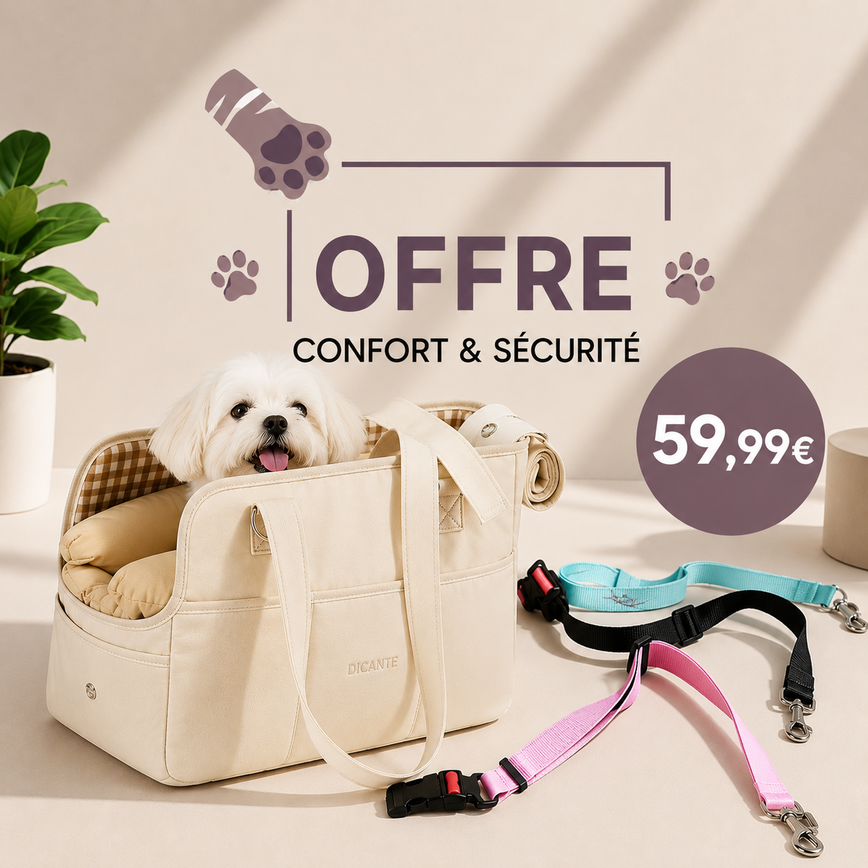 Offre confort et sécurité : sac de transport et ceinture voiture à 59,99 €